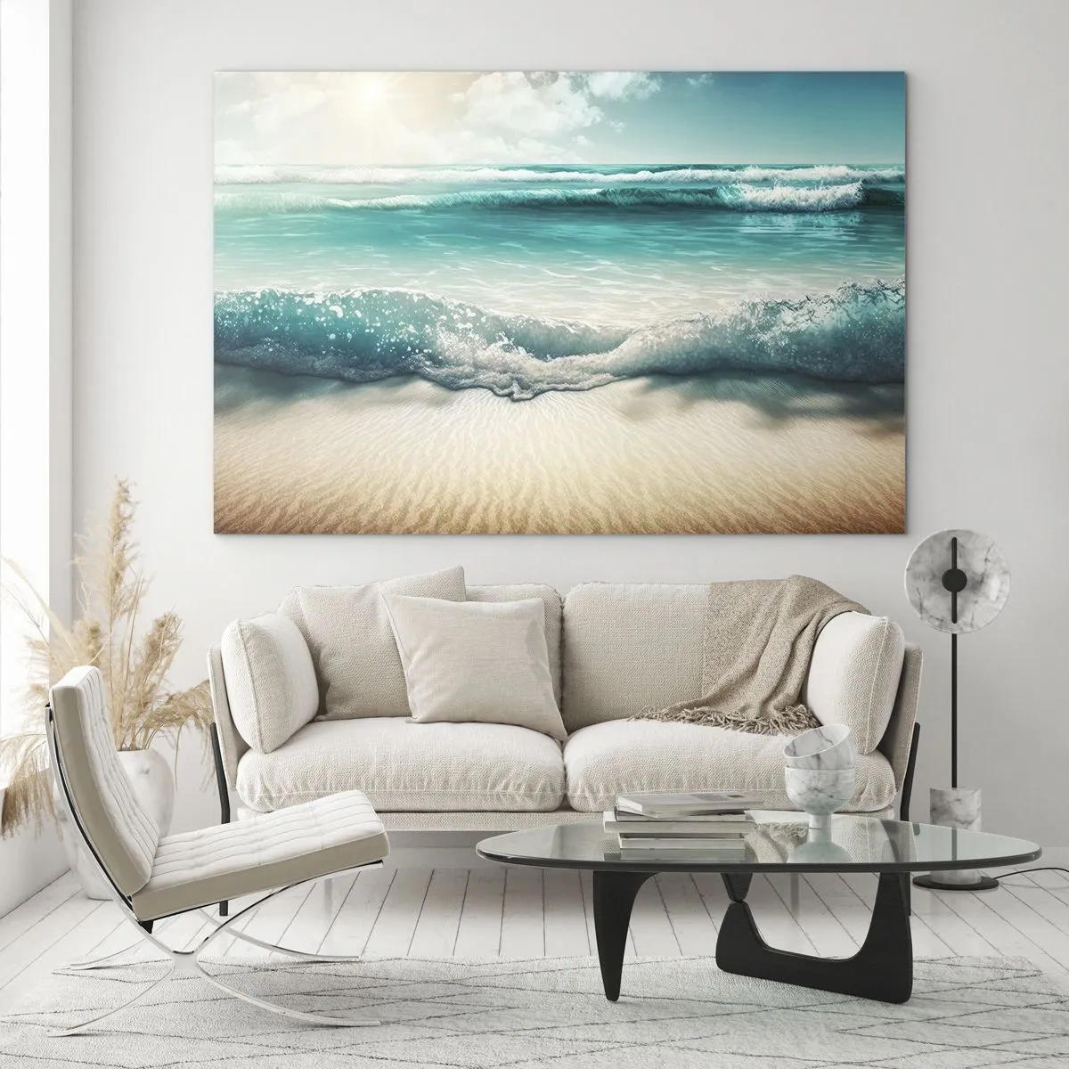 Obraz na szkle - Turkusowe fale oceanu uderzające o piaszczystą plażę - 70x50cm - Spokój oceanu - Nowoczesna dekoracja ścienna do salonu i sypialni ARTTOR