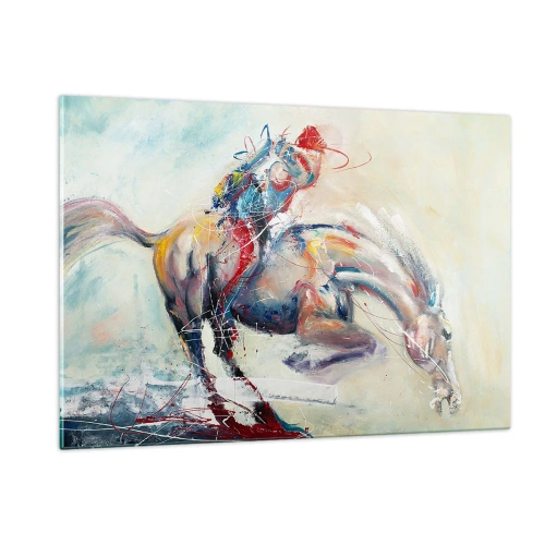 Obraz na szkle - Abstrakcyjny obraz konia w dynamicznym ruchu - 120x80cm - Trzymaj się, lecimy - Nowoczesna dekoracja ścienna do salonu, kuchni i sypialni ARTTOR