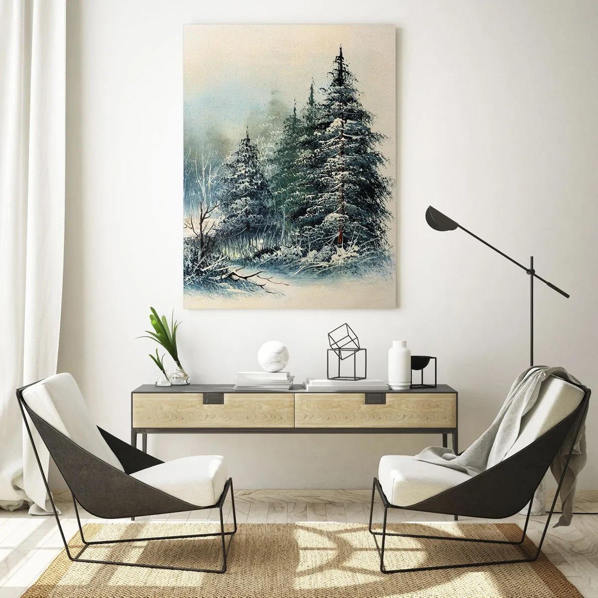 Obraz na szkle - Zimowy las z ośnieżonymi drzewami na tle nieba - 50x70cm - Gotowe do Świąt - Nowoczesna dekoracja ścienna do salonu, kuchni i sypialni ARTTOR