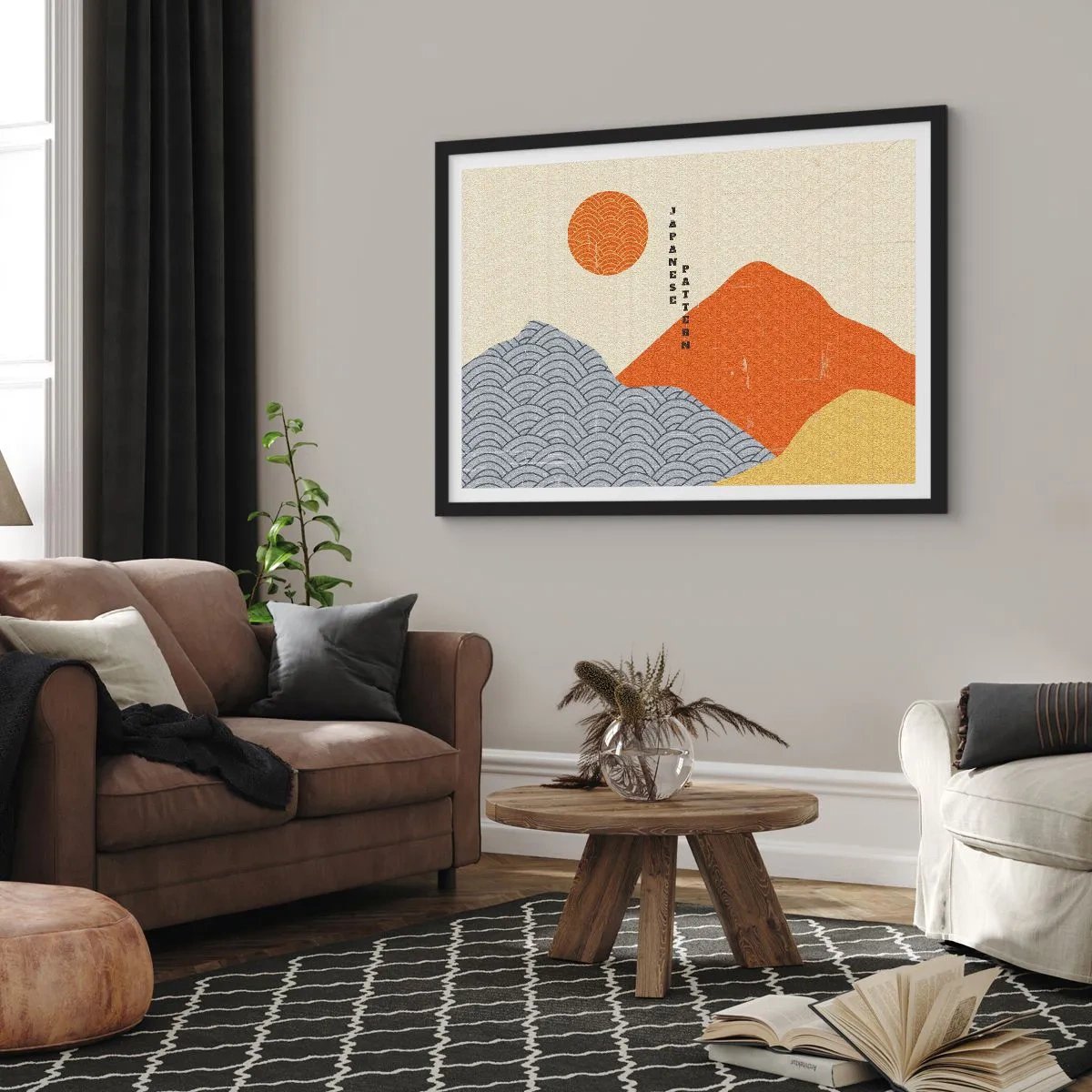 Plakat w czarnej ramie - Japońskie wzory z górami, słońcem i minimalistycznym stylem - 70x50cm - W japońskim duchu - Nowoczesna dekoracja ścienna do salonu i sypialni ARTTOR