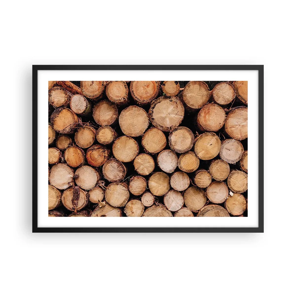 Plakat w czarnej ramie - Stosy ściętych pni drzew ułożone w harmonii - 70x50cm - Nowy początek - Nowoczesna dekoracja ścienna do salonu i sypialni ARTTOR