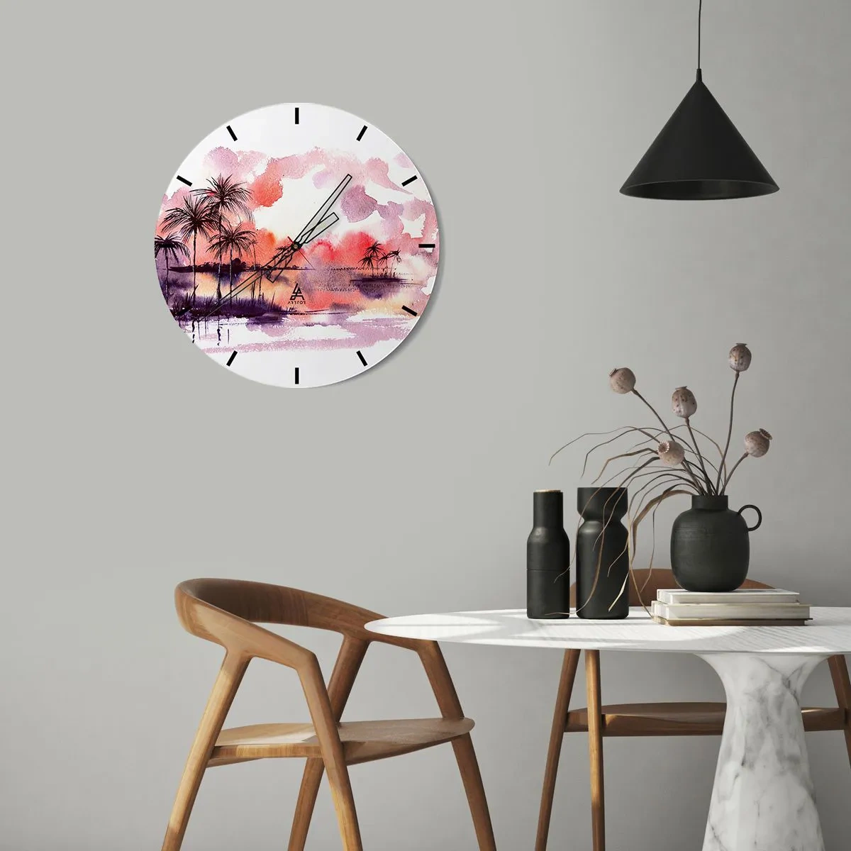 Zegar ścienny - Akwarelowy krajobraz z palmami o zachodzie słońca - 30x30cm - Spokój tropików w czerwieni - Nowoczesna dekoracja ścienna do salonu, kuchni i sypialni ARTTOR