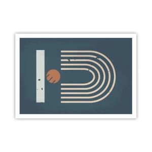 Plakat - Geometryczny wzór w odcieniach granatu, beżu i pomarańczu na ciemnym tle - 100x70cm - Geometria na granacie - Nowoczesna dekoracja ścienna do salonu i sypialni ARTTOR
