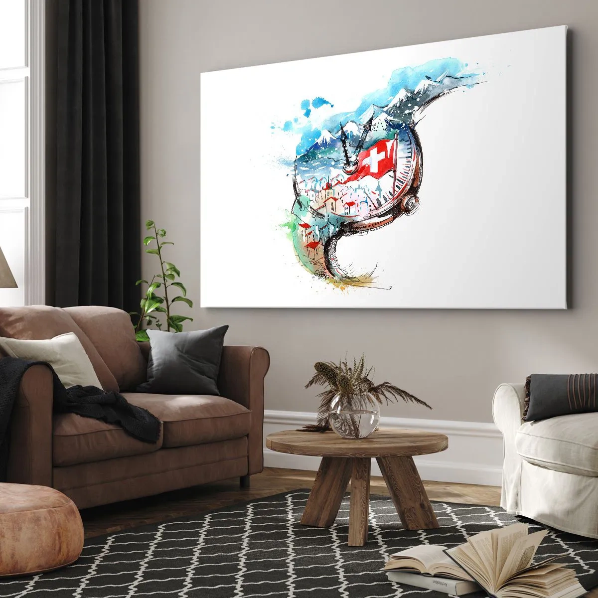 Obraz na płótnie - Akwarelowy krajobraz Szwajcarii w zegarku - 70x50cm - Duch Szwajcarii - Nowoczesna dekoracja ścienna do salonu i sypialni ARTTOR