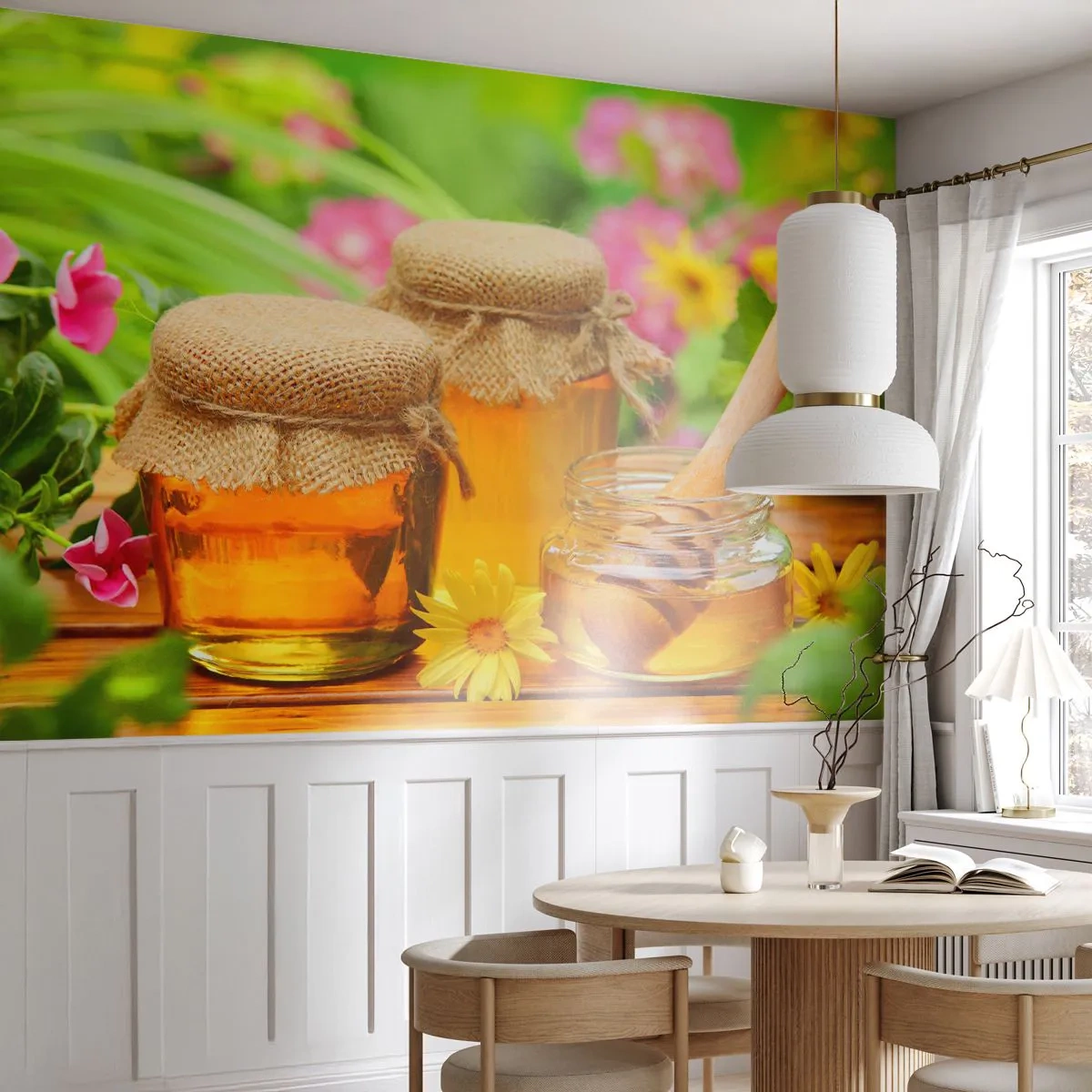Fototapeta Premium Canvas - Słoiki miodu z kwiatami na tle letniego ogrodu - 100x70cm - Słodko i kwiatowo - Nowoczesna dekoracja ścienna do salonu i sypialni ARTTOR