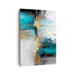 Obraz na płótnie - Abstrakcyjna kompozycja w turkusie, bieli i złotych akcentach - 50x70cm - Wszystko płynie - Nowoczesna dekoracja ścienna do salonu, kuchni i sypialni ARTTOR