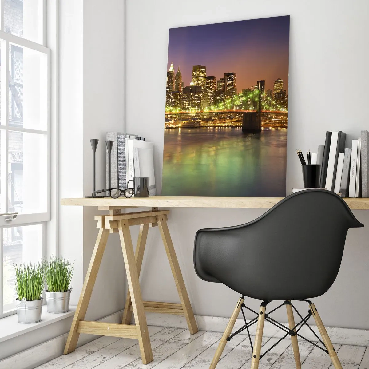 Obraz na szkle - Podświetlony most nad rzeką z panoramą miasta o zmierzchu - 50x70cm - Tu światło nigdy nie gaśnie - Nowoczesna dekoracja ścienna do salonu, kuchni i sypialni ARTTOR