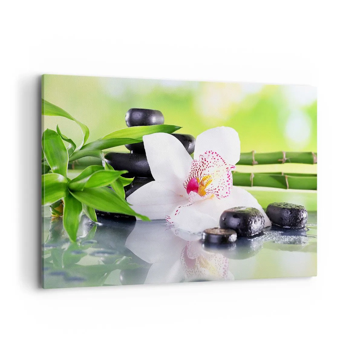 Obraz na płótnie - Orchidea, kamienie i bambus w harmonijnej kompozycji spa - 100x70cm - Chłodna świeżość - Nowoczesna dekoracja ścienna do salonu, kuchni i sypialni ARTTOR
