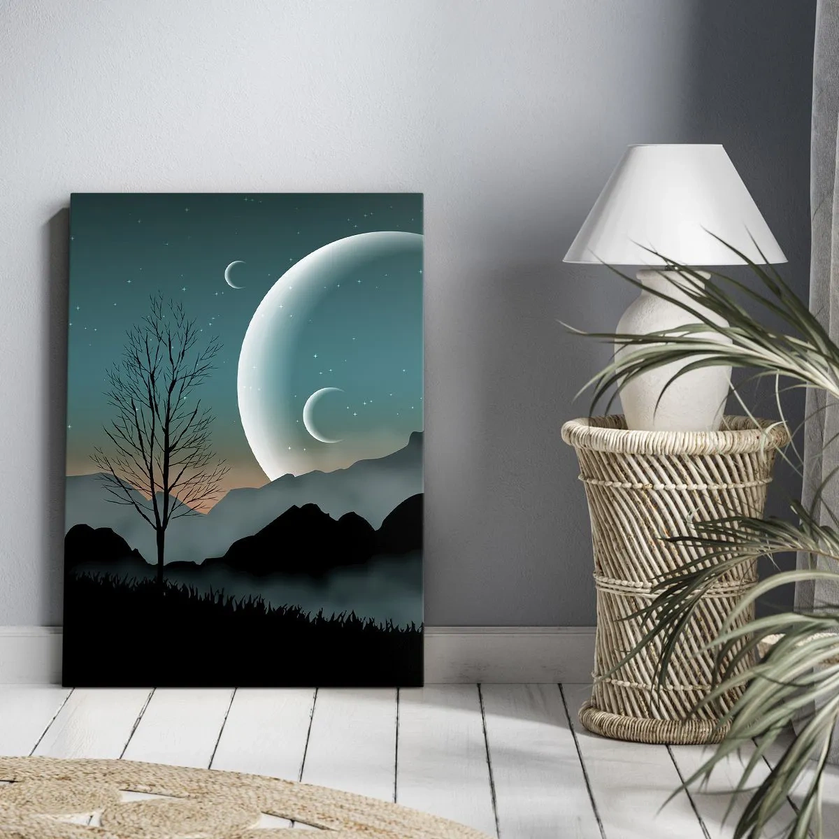 Obraz na płótnie - Fantastyczny krajobraz nocny z drzewem, górami i dużym księżycem na tle gwieździstego nieba - 50x70cm - Karnawał gwiaździstej nocy - Nowoczesna dekoracja ścienna do salonu, kuchni i sypialni ARTTOR
