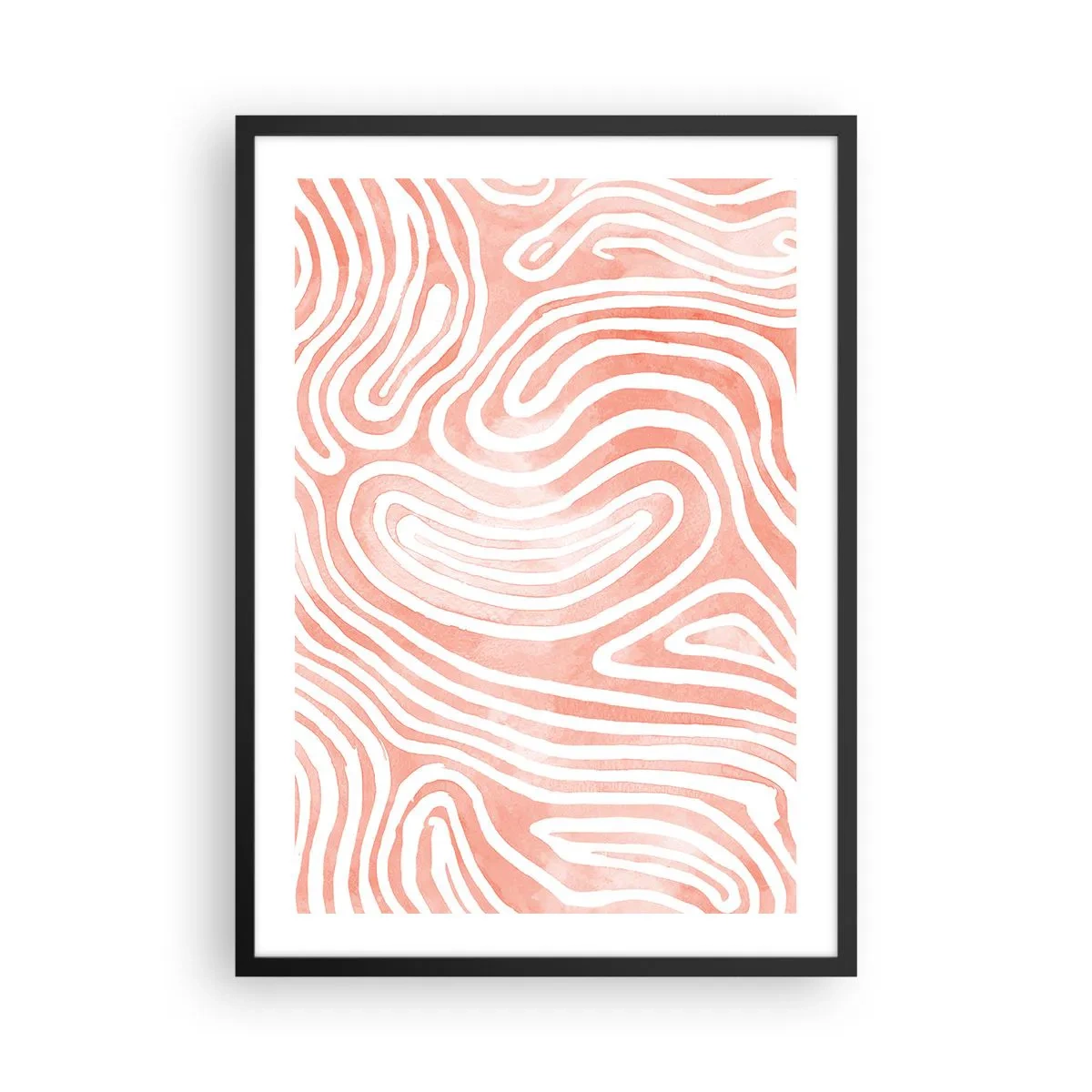 Plakat w czarnej ramie - Abstrakcyjne linie w odcieniach łososiowego i bieli - 50x70cm - W koralowym labiryncie - Nowoczesna dekoracja ścienna do salonu i sypialni ARTTOR
