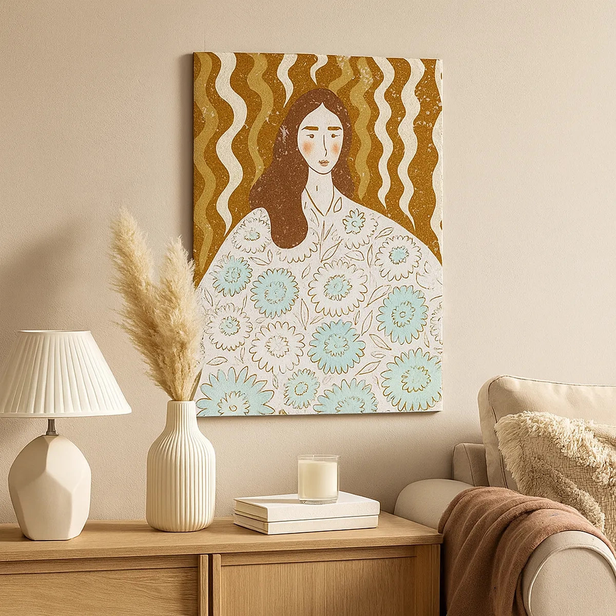 Obraz na płótnie - Portret kobiety w ozdobnej, kwiecistej szacie na tle falistych wzorów - 50x70cm - Portret w kwiecistej szacie - Nowoczesna dekoracja ścienna do salonu, kuchni i sypialni ARTTOR