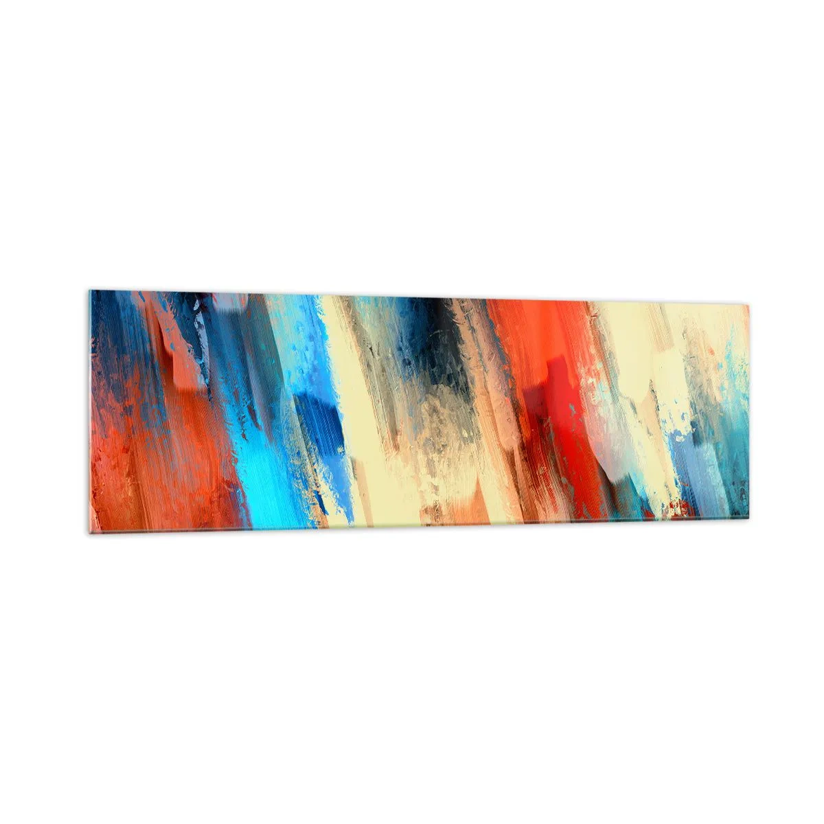 Obraz na szkle - Abstrakcyjny pociągnięcie pędzla w odcieniach niebieskiego i pomarańczu - 160x50cm - Kaskada barw - Nowoczesna dekoracja ścienna do salonu i sypialni ARTTOR