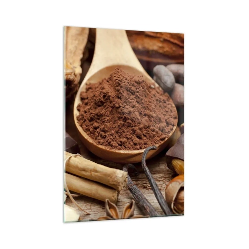 Obraz na szkle - Łyżka kakao i składniki czekoladowe w rustykalnej aranżacji - 80x120cm - Najlepsza na smutki - Nowoczesna dekoracja ścienna do salonu i sypialni ARTTOR