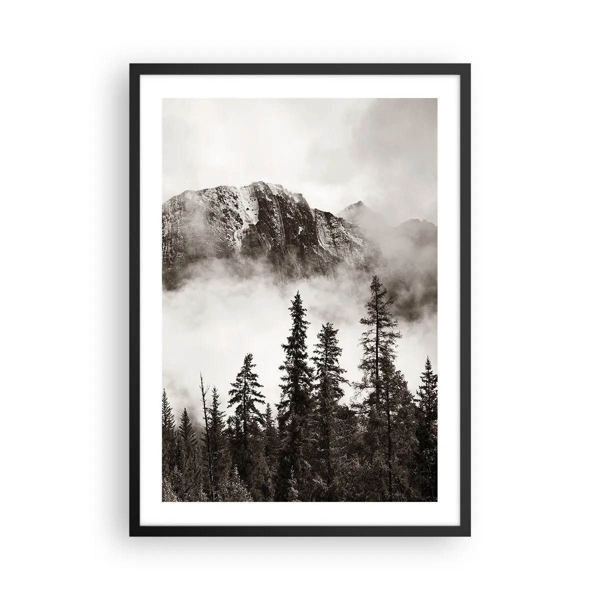 Plakat w czarnej ramie - Górski krajobraz z drzewami i mgłą - 50x70cm - Granitowy władca - Nowoczesna dekoracja ścienna do salonu i sypialni ARTTOR