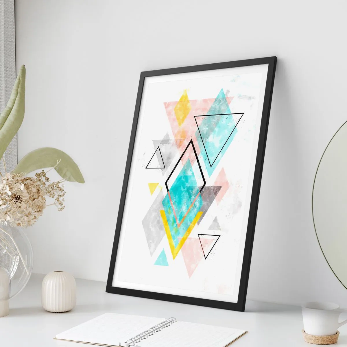 Plakat w czarnej ramie - Kolorowa kompozycja geometrycznych kształtów na białym tle - 50x70cm - Igraszka geometryczna - Nowoczesna dekoracja ścienna do salonu i sypialni ARTTOR