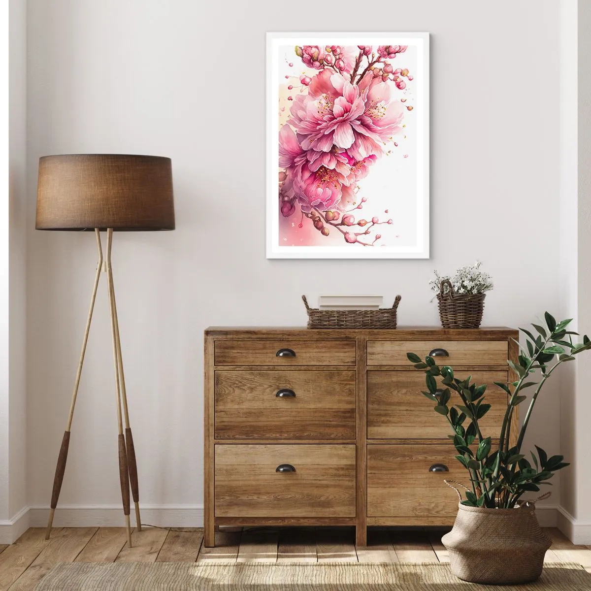 Plakat w białej ramie - Kwiat kwitnącej wiśni - 40x50 cm