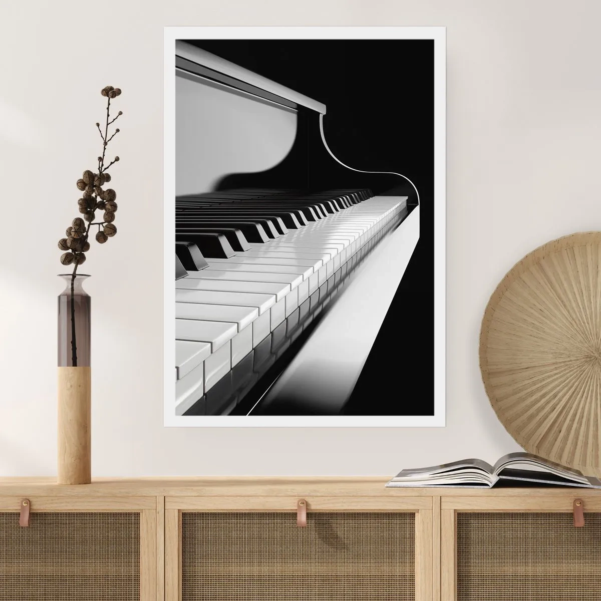 Plakat - Czarno-białe zbliżenie na klawiaturę fortepianu - 50x70cm - Harmonia kształtów i barw - Nowoczesna dekoracja ścienna do salonu, kuchni i sypialni ARTTOR