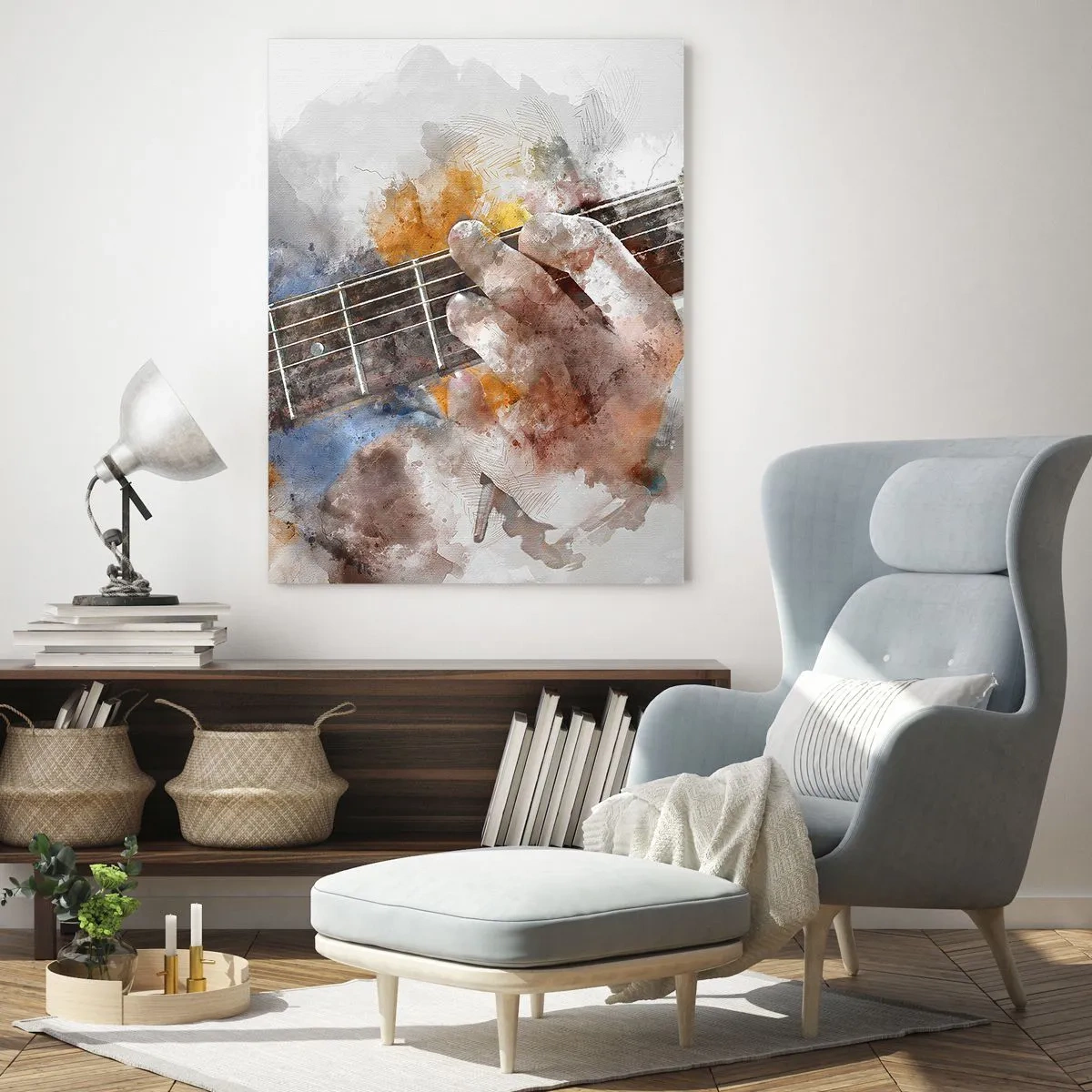 Obraz na szkle - Akwarelowy motyw dłoni grającej na gitarze - 50x70cm - Poezja między strunami - Nowoczesna dekoracja ścienna do salonu, kuchni i sypialni ARTTOR
