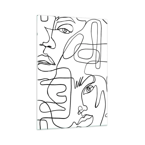 Obraz na szkle - Minimalistyczny rysunek twarzy z liniami na jasnym tle - 70x100cm - W splątanych emocjach - Nowoczesna dekoracja ścienna do salonu i sypialni ARTTOR
