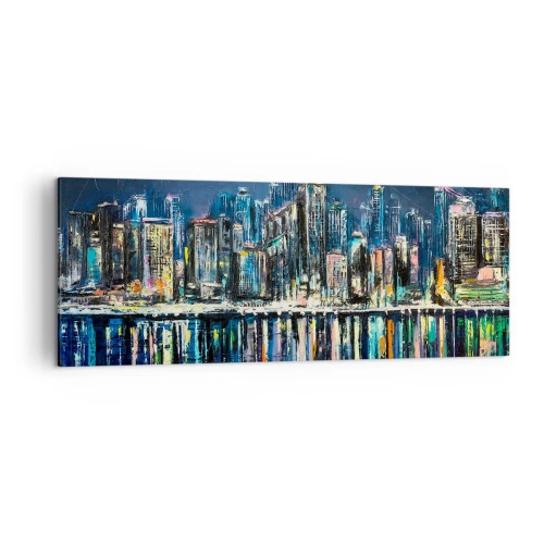 Obraz na płótnie - Panorama nocnego miasta odbijająca się w wodzie - 140x50cm - Kaskada swiateł - Nowoczesna dekoracja ścienna do salonu i sypialni ARTTOR