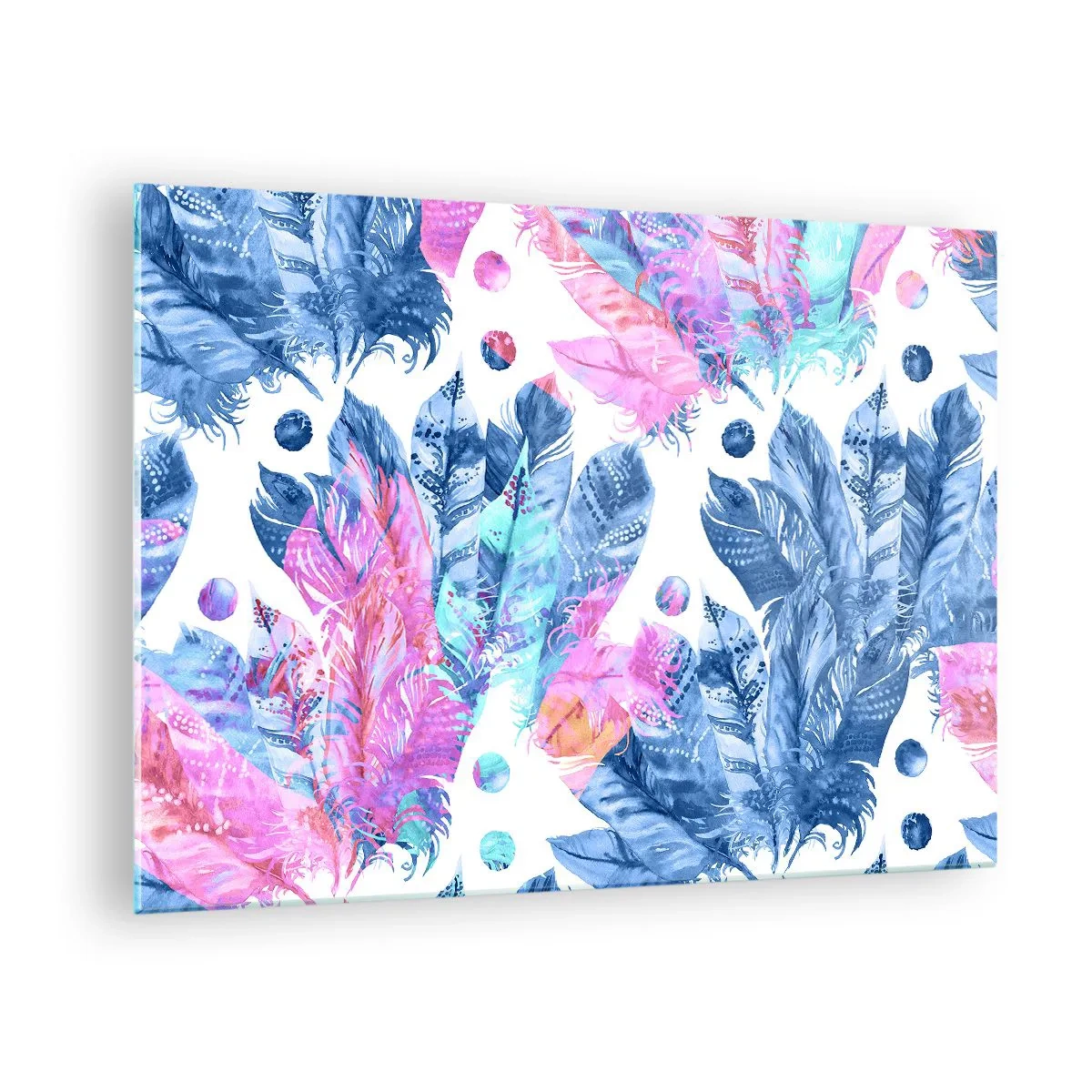 Obraz na szkle - Kolorowe pióra w odcieniach różu i błękitu na białym tle - 70x50cm - Pióropusze w różu i błękicie - Nowoczesna dekoracja ścienna do salonu i sypialni ARTTOR