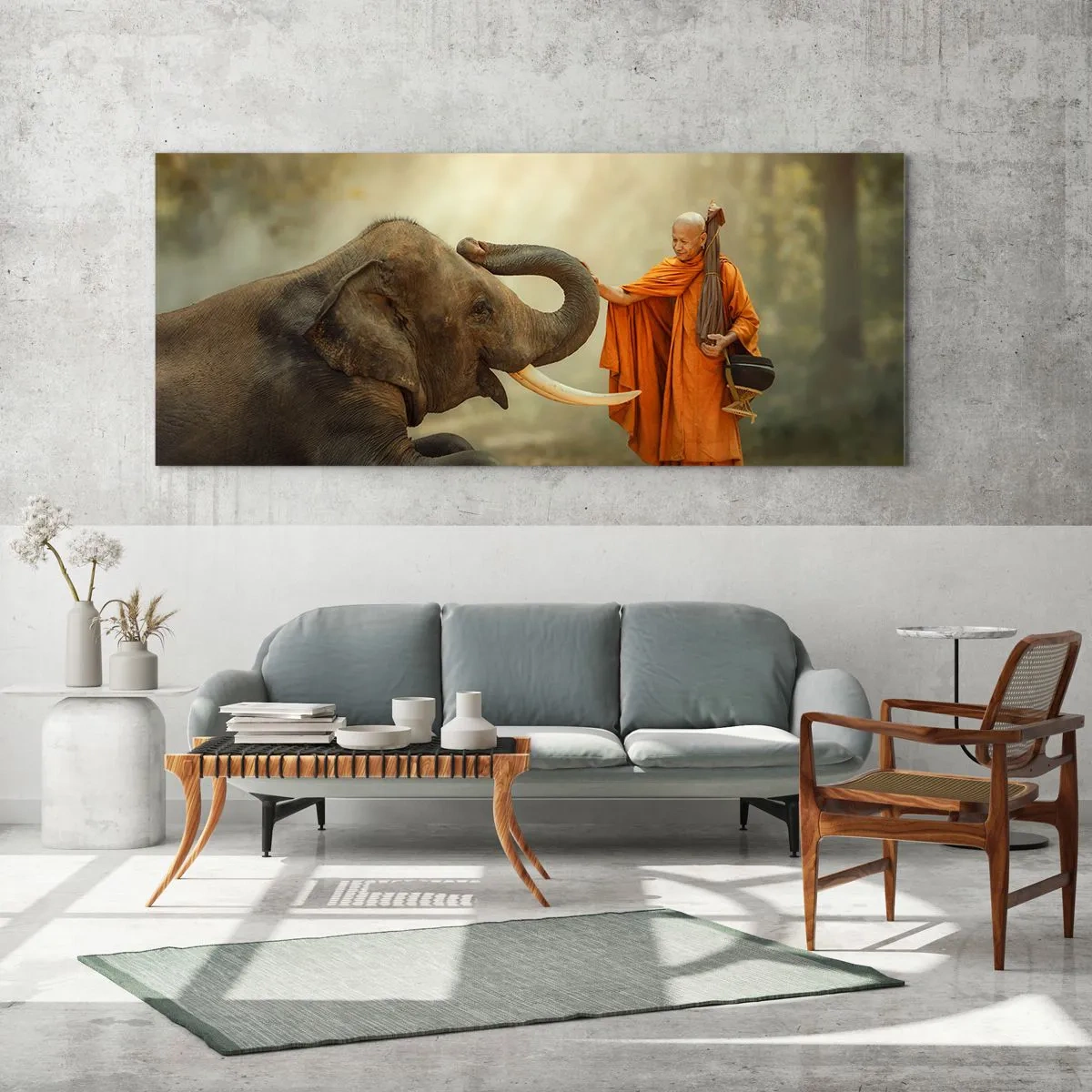 Obraz na szkle - Mnich i słoń w harmonii na tle natury - 160x50cm - Spotkanie w podróży - Nowoczesna dekoracja ścienna do salonu i sypialni ARTTOR