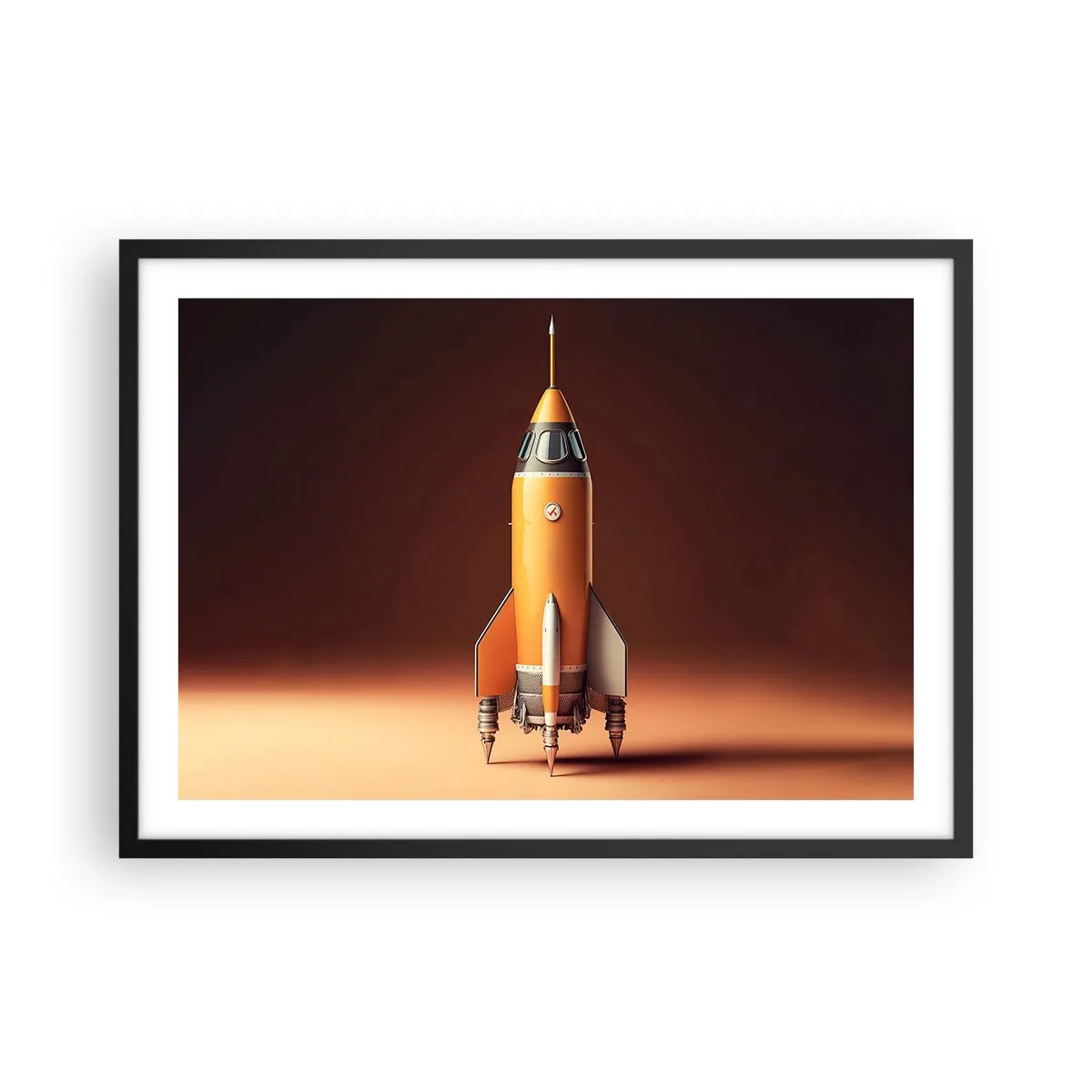 Plakat w czarnej ramie - Rakieta w stylu retro na tle brązowych odcieni - 70x50cm - Zaczyna się od marzenia - Nowoczesna dekoracja ścienna do salonu i sypialni ARTTOR