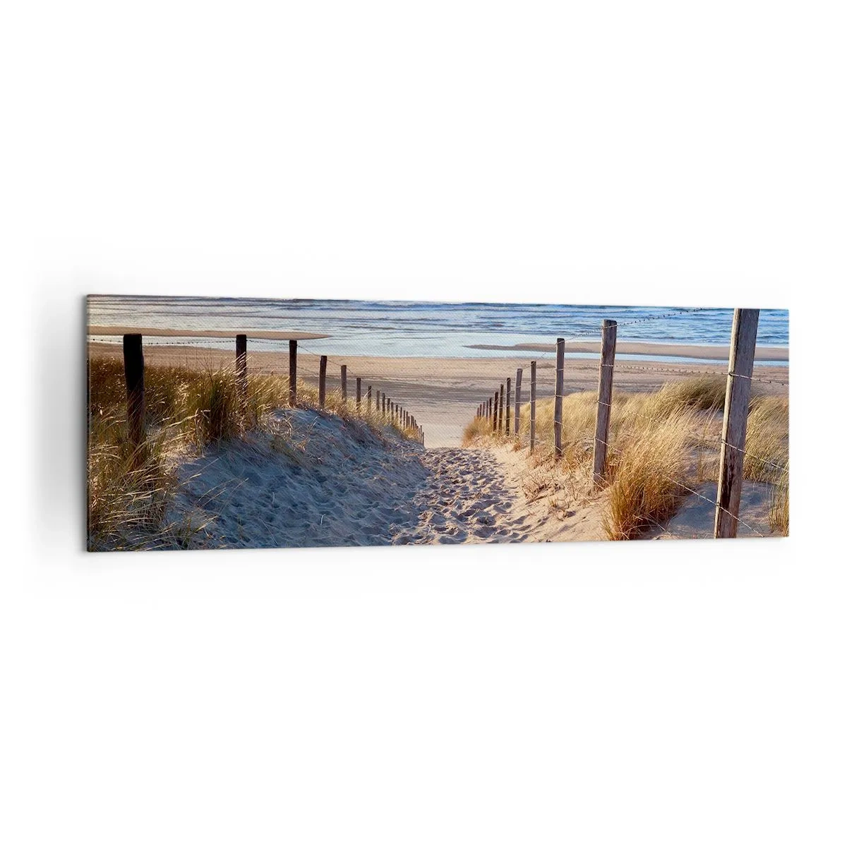 Obraz na płótnie - Ścieżka przez wydmy prowadząca na plażę - 160x50cm - Morza szum, ptaków śpiew, dzika plaża pośród traw… - Nowoczesna dekoracja ścienna do salonu i sypialni ARTTOR