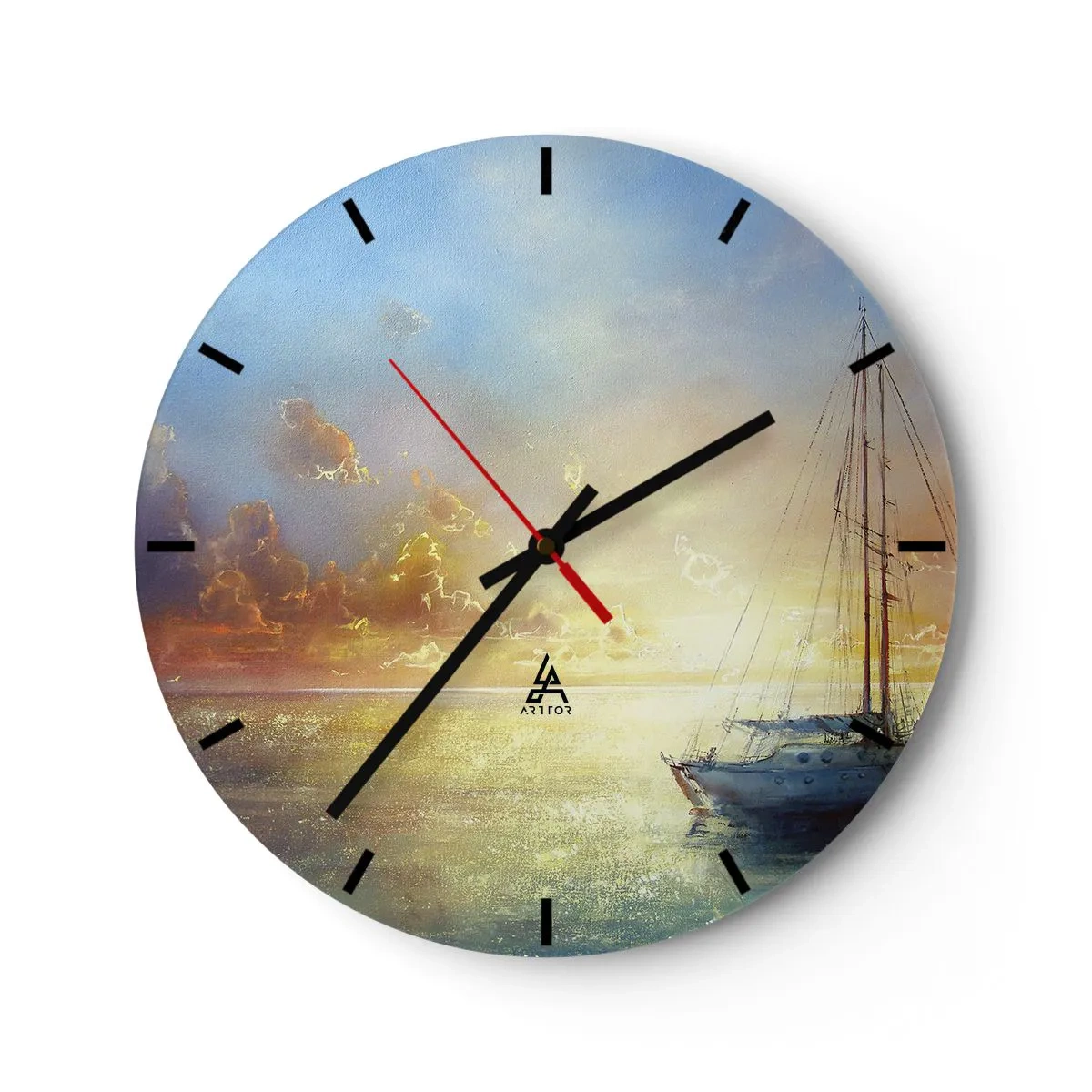 Zegar ścienny - Żaglówka na morzu podczas zachodu słońca - 30x30cm - W złotej zatoce - Nowoczesna dekoracja ścienna do salonu, kuchni i sypialni ARTTOR