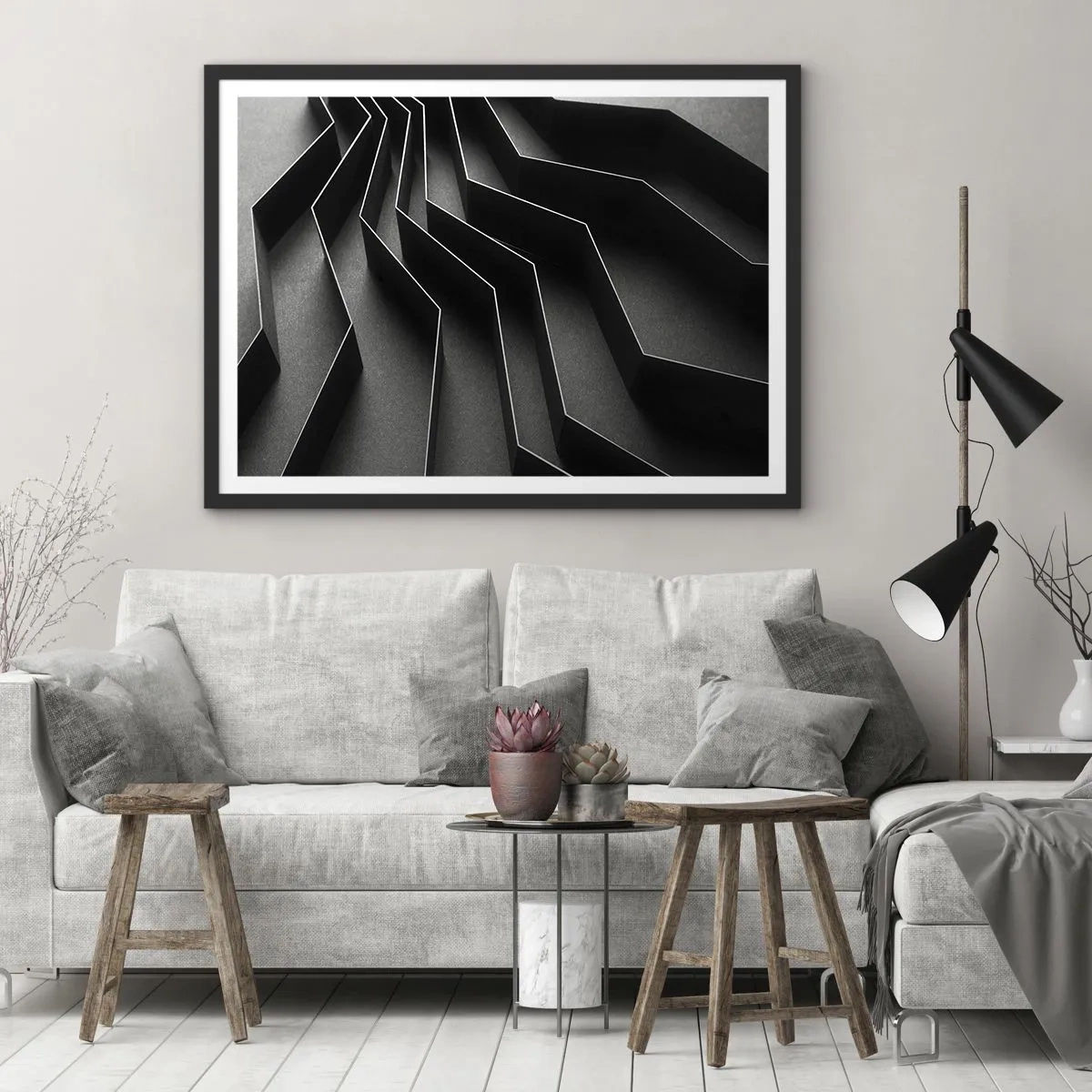 Plakat w czarnej ramie - Czarno-biała abstrakcja z geometrycznymi strukturami - 70x50cm - Przestrzenny porządek - Nowoczesna dekoracja ścienna do salonu i sypialni ARTTOR