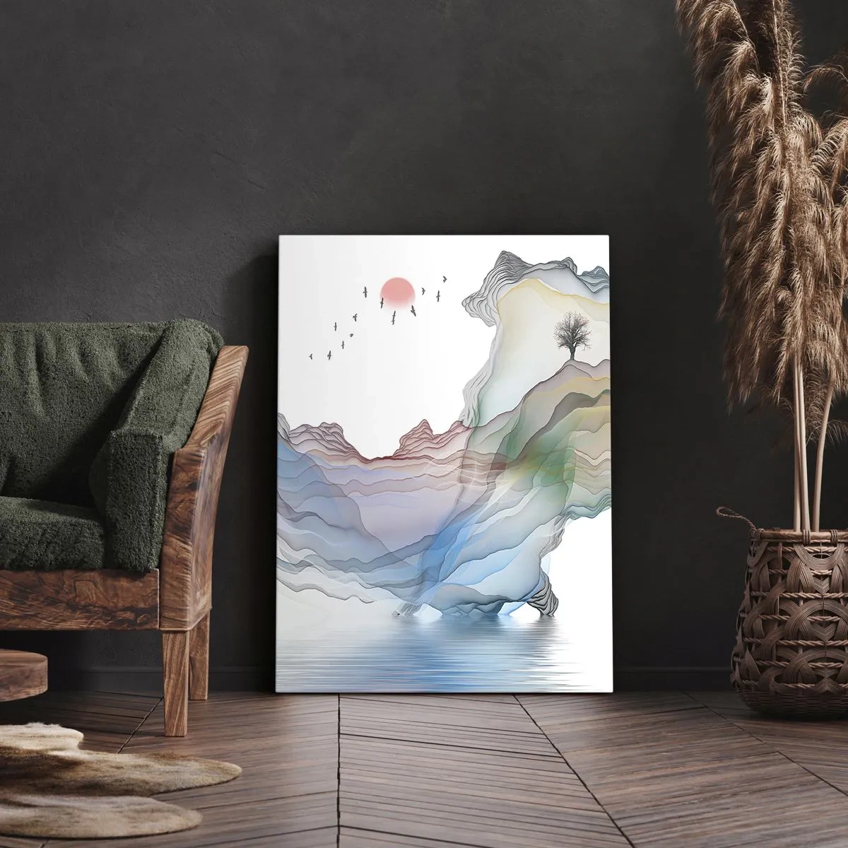 Obraz na płótnie - Abstrakcyjne kolorowe góry z samotnym drzewem i ptakami na tle wschodzącego słońca - 50x70cm - Ku kryształowym górom - Nowoczesna dekoracja ścienna do salonu, kuchni i sypialni ARTTOR