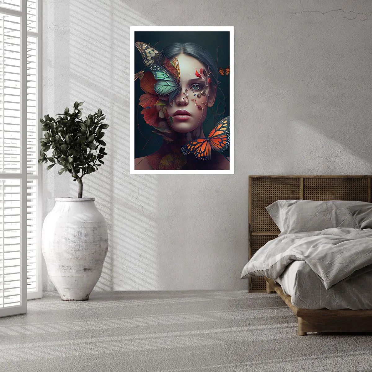 Plakat - Portret kobiety z motylami i liśćmi - 50x70cm - Cudowna metamorfoza - Nowoczesna dekoracja ścienna do salonu, kuchni i sypialni ARTTOR