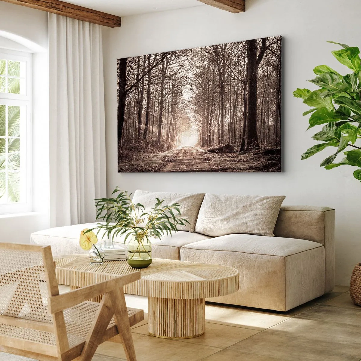 Obraz na płótnie - Leśna ścieżka wśród drzew w odcieniach sepii - 70x50cm - Leśna katedra - Nowoczesna dekoracja ścienna do salonu i sypialni ARTTOR