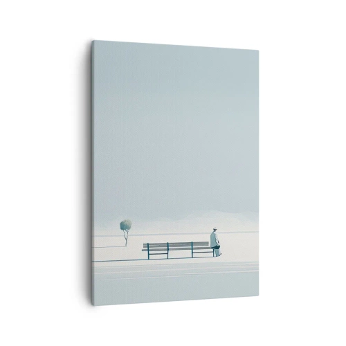 Obraz na płótnie - Minimalistyczna scena z samotną postacią na ławce - 50x70cm - Tak, czekam. - Nowoczesna dekoracja ścienna do salonu, kuchni i sypialni ARTTOR