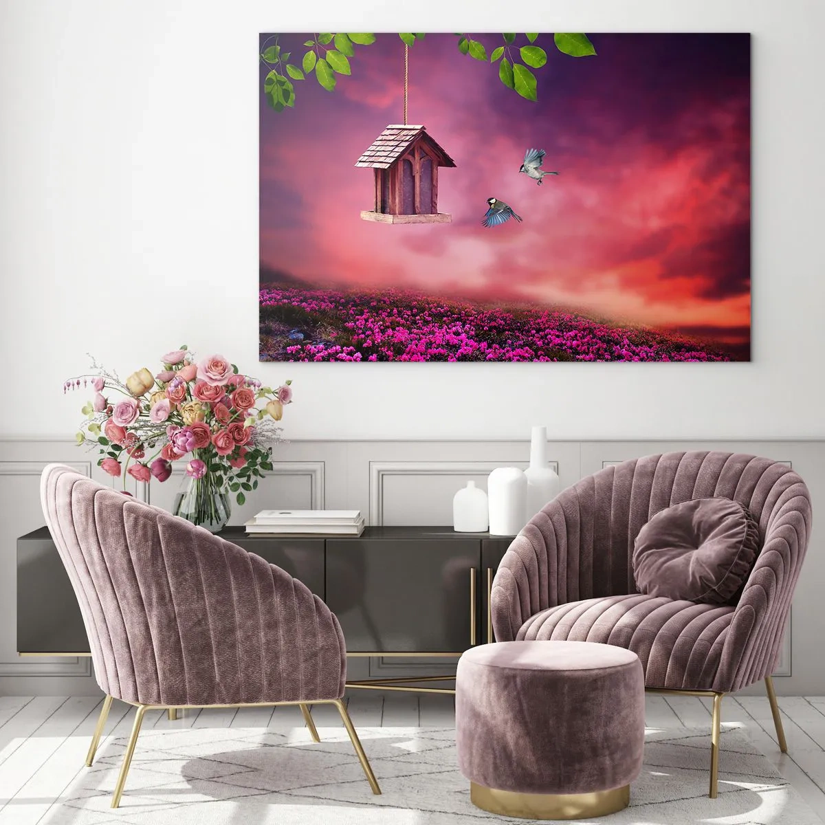 Obraz na szkle - Karmnik dla ptaków na tle różowego nieba - 120x80cm - Zaproszenie na kolację - Nowoczesna dekoracja ścienna do salonu, kuchni i sypialni ARTTOR