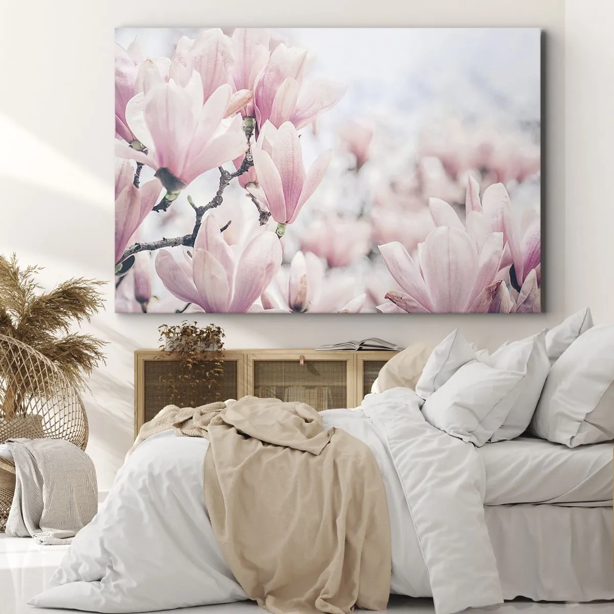 Obraz na płótnie - Subtelne kwiaty magnolii w delikatnych różowych odcieniach - 120x80cm - Ideał subtelności - Nowoczesna dekoracja ścienna do salonu, kuchni i sypialni ARTTOR