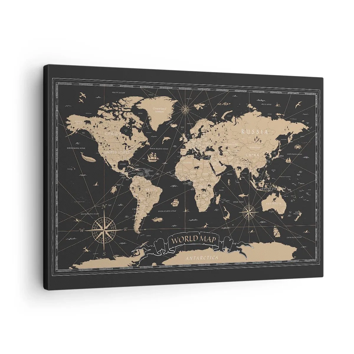 Obraz na płótnie - Stylizowana mapa świata na czarnym tle z beżowymi akcentami - 70x50cm - Granice mojego świata - Nowoczesna dekoracja ścienna do salonu i sypialni ARTTOR