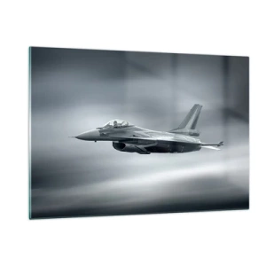 Obraz na szkle - Myśliwiec w locie na tle pochmurnego nieba - 120x80cm - Rzucisz wyzwanie? - Nowoczesna dekoracja ścienna do salonu, kuchni i sypialni ARTTOR