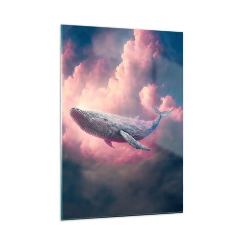 Obraz na szkle - Wieloryb unoszący się w chmurach o różowej poświacie - 50x70cm - Przetrzyj oczy - Nowoczesna dekoracja ścienna do salonu, kuchni i sypialni ARTTOR
