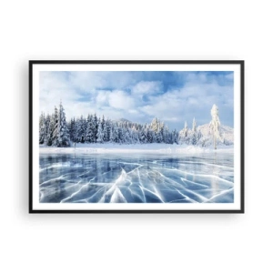 Plakat w czarnej ramie - Zamarznięte jezioro otoczone zaśnieżonym lasem - 100x70cm - Olśniewający i krystaliczny widok - Nowoczesna dekoracja ścienna do salonu i sypialni ARTTOR