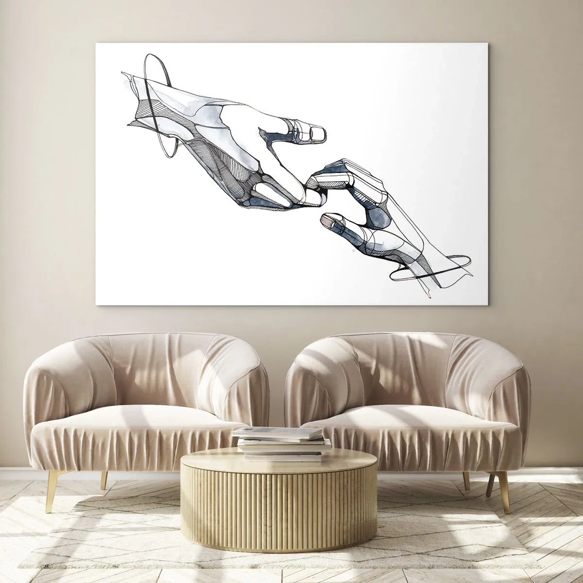 Obraz na szkle - Artystyczna ilustracja dwóch dłoni w abstrakcyjnym stylu - 120x80cm - Dobry gest - Nowoczesna dekoracja ścienna do salonu, kuchni i sypialni ARTTOR