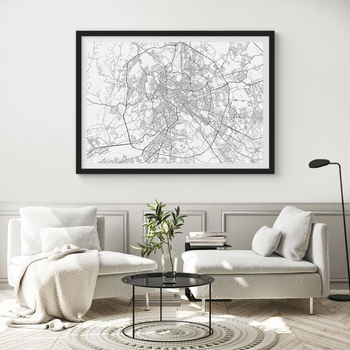 Plakat w czarnej ramie - Miejska mapa w stylu minimalistycznym z delikatnymi liniami - 70x50cm - Rzymski krąg - Nowoczesna dekoracja ścienna do salonu i sypialni ARTTOR