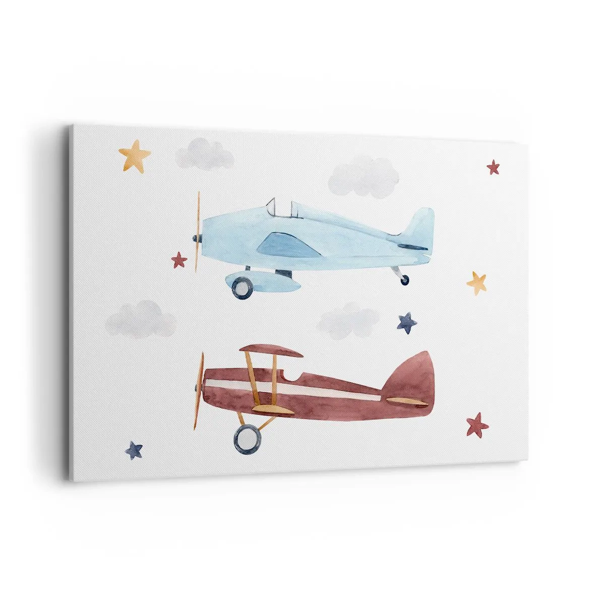 Obraz na płótnie - Ręcznie malowane samoloty na tle chmur i gwiazd - 120x80cm - Panie pilocie, czekamy! - Nowoczesna dekoracja ścienna do salonu, kuchni i sypialni ARTTOR