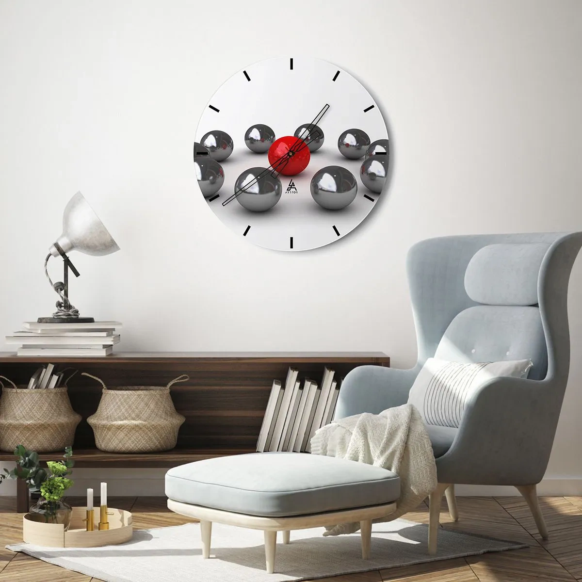 Zegar ścienny - Czerwone i srebrne kule na białym tle, minimalistyczny wzór - 30x30cm - Krąg w srebrze i czerwieni - Nowoczesna dekoracja ścienna do salonu, kuchni i sypialni ARTTOR