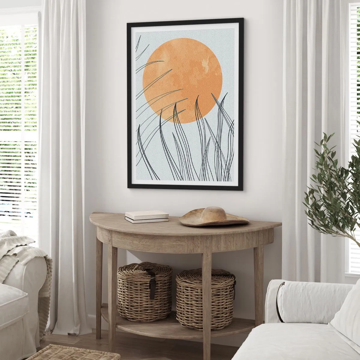 Plakat w czarnej ramie - Minimalistyczna kompozycja z księżycem i trawą - 50x70cm - Zawsze ku słońcu - Nowoczesna dekoracja ścienna do salonu i sypialni ARTTOR