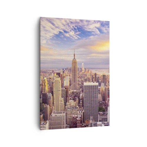 Obraz na płótnie - Panorama nowoczesnego miasta z wieżowcami o zachodzie słońca - 70x100cm - Sięgnąć samych chmur - Nowoczesna dekoracja ścienna do salonu i sypialni ARTTOR