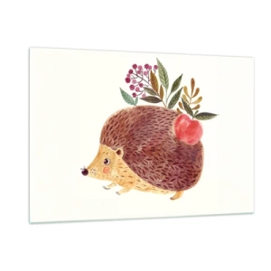 Obraz na szkle - Rysunkowy jeż z jabłkiem i gałązkami na grzbiecie - 120x80cm - I już mnie lubisz - Nowoczesna dekoracja ścienna do salonu, kuchni i sypialni ARTTOR