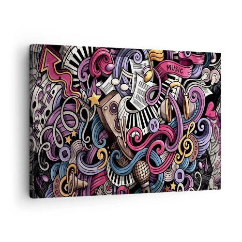 Obraz na płótnie - Muzyczna abstrakcja pełna kolorowych instrumentów i nut - 70x50cm - Skomplikowana melodia - Nowoczesna dekoracja ścienna do salonu i sypialni ARTTOR