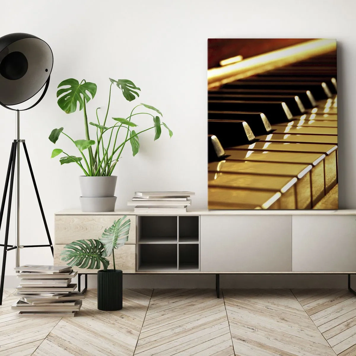 Obraz na płótnie - Klawiatura fortepianu w złotym oświetleniu - 80x120cm - Nieograniczone możliwości - Nowoczesna dekoracja ścienna do salonu i sypialni ARTTOR