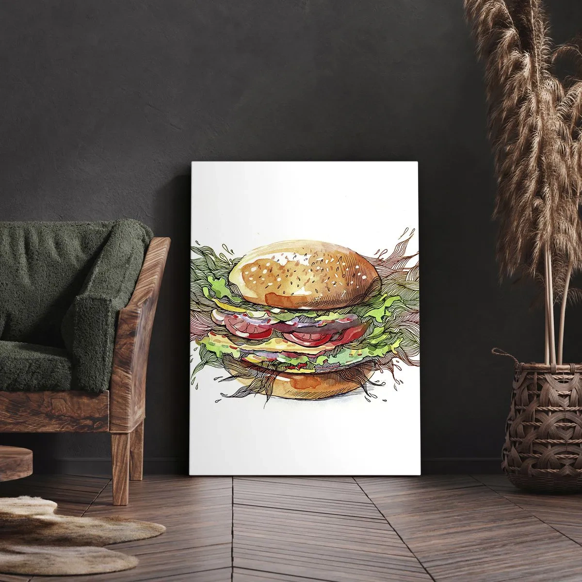 Obraz na płótnie - Hamburger z sałatą, pomidorem i bułką sezamową - 50x70cm - Gorąca pokusa - Nowoczesna dekoracja ścienna do salonu, kuchni i sypialni ARTTOR